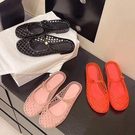 Women's Light Luxury Crystal Jelly Mary Jane Flat Sandals Hollow-out Breathable Closed Toe Summer Casual Non-slip Slip-on Shoes