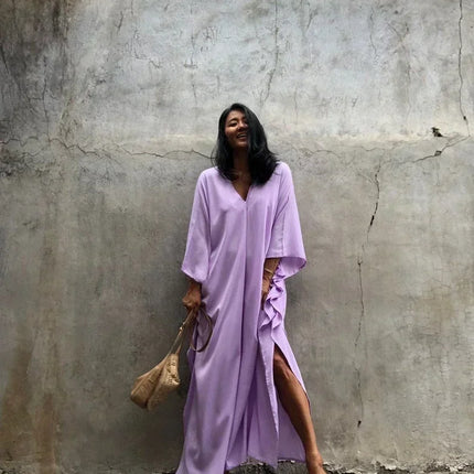 Boho Sexy Swimwear Cover Up Long Dress Rayon Solid Color Beach Wear Tunic Kaftans Kimono Women Clothing Summer Swimsuit