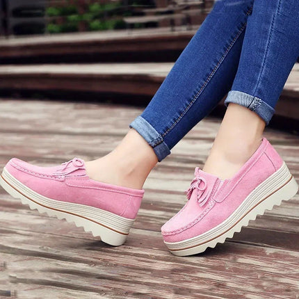 Women Cow Suede Casual Shoe Wedge Platform Height Increasing Single Shoes Tassel Muffin Shake Loafers Mother Walking Shoes 35-42