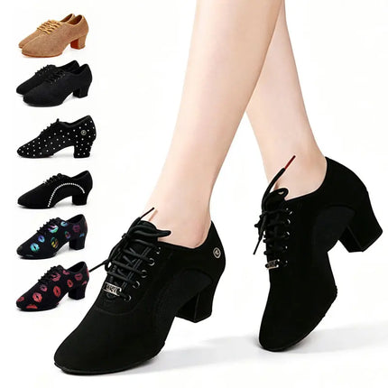 Women Latin Dance Shoes Suede Salsa Tango Ballroom Jazz Practice High Heels Comfortable Non Slip Performance Dance Sneakers