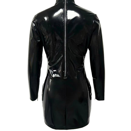 Shiny Faux Leather High Neck Back Zip Open Mini Dresses Sleeve Hem Zip Open Glossy Stretch PU Beautyful Dress