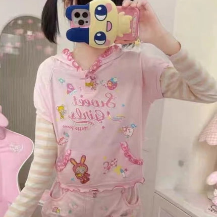 Japanese Kawaii Fungus Edge Fashion Hoodies Y2k Aesthetic Sweet Spliced Striped Long Sleeve Fake Two Piece Punk Print Clothes