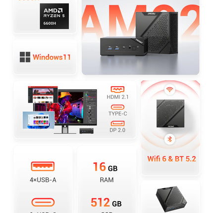 Firebat Am02 Mini Pc Amd Ryzen 5 6600H Cpu 6C/12T up to 4.5Ghz 16Gb Lpddr5 Ram 512Gb Ssd Windows 11 Wifi6 Bt5.2 Gaming Computer