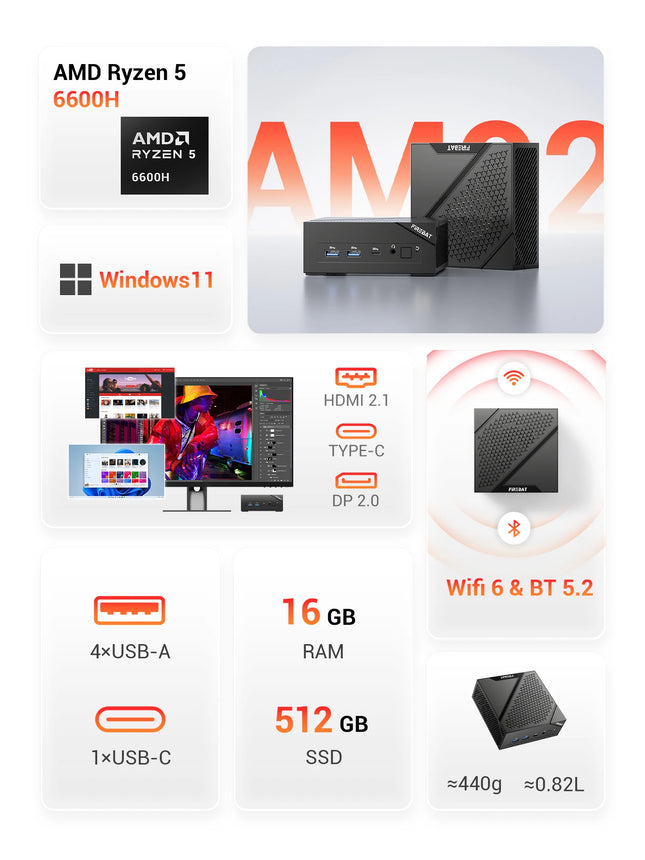 Firebat Am02 Mini Pc Amd Ryzen 5 6600H Cpu 6C/12T up to 4.5Ghz 16Gb Lpddr5 Ram 512Gb Ssd Windows 11 WiFi - product image 2