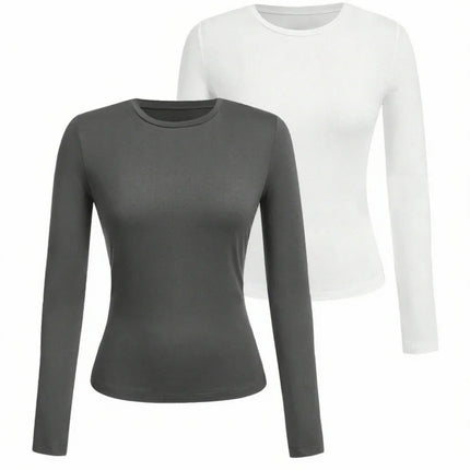 Solid-color long-sleeved T-shirt - Polyester knitted fabric, round neck, regular fit, fall-winter style