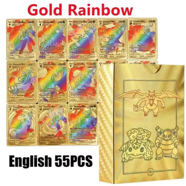 55Pcs Pokémon Karten Goldfolie Goldene Buchstaben Englische Version Regenbogen Vmax EX GX Schwarze Silberne Karte Pikachu Kampfserie Geschenke