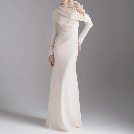 Customized A-line Evening Dresses Floor-length High-neck Full Sleeve Prom Gown Fashion Flowers Simple Draped Casual Party Gown