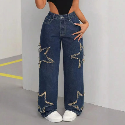 Women's Loose Fit Jeans with Pockets Mid Rise Star Patch Wide Leg Denim Pants Casual Y2K Grunge High Waist Ladies Trousers