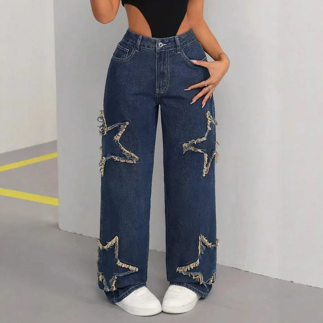 Women's Loose Fit Jeans with Pockets Mid Rise Star Patch Wide Leg Denim Pants Casual Y2K Grunge High Waist Ladies Trousers