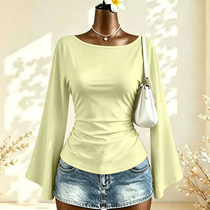 Boat Neck Flare Long Sleeve Side Ruched Fitted Casual Blouse Slim Fit Basic Top