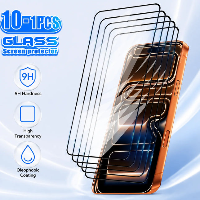 10-1 pcs Tempered Glass for IPhone 17 Pro Max 16 15 14 13 12 11 Promax Plus + Screen Protectors Full Cover Protective Screen Case