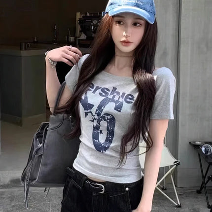 Y2k Sport Summer Off shoulder Top Women Sexy Vintage 2000s Short sleeve T shirt  Lady Body Basic Crop Top Female Casual