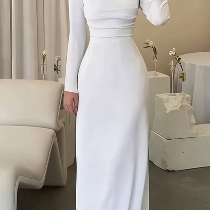 Temperament Women Long Sleeve Party Maxi Dresses Fashion Square Collar Pleated Evening Dress White Slim High Waist Banquet Dress