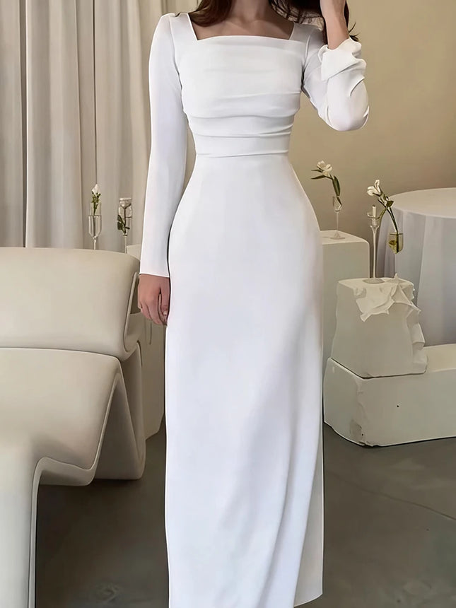 Temperament Damen Langarm Party Maxikleider Mode eckiger Kragen plissiertes Abendkleid Weiß Slim Hohe Taille Bankettkleid