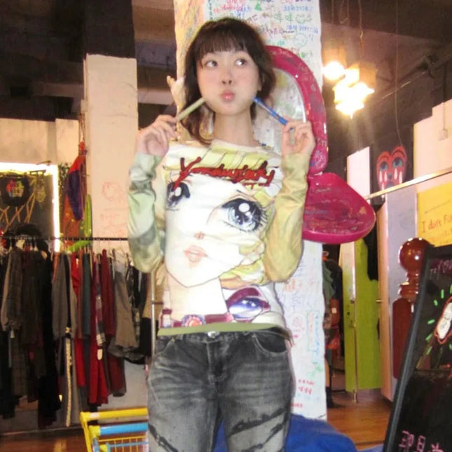 Karrram Japanisches Y2k Anime Print T-Shirt 2000er Ästhetik Langarmshirt Vintage Harajuku Slim Tops Kawaii Lolita T-Shirt
