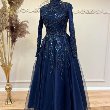 Amanda Elegant High Neck Prom Dress Sequins A-line Evening Dress Beading Embroid Party Dress Customized فساتين مناسبة رسمية