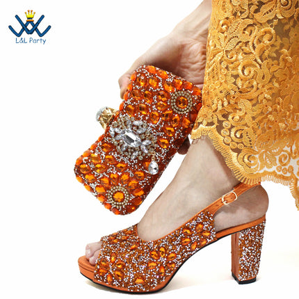 2025 Italian Design Classics Style Shoes and Bag Set in Orange Color INS New Arrivals High Quality Full Crystal with Platform