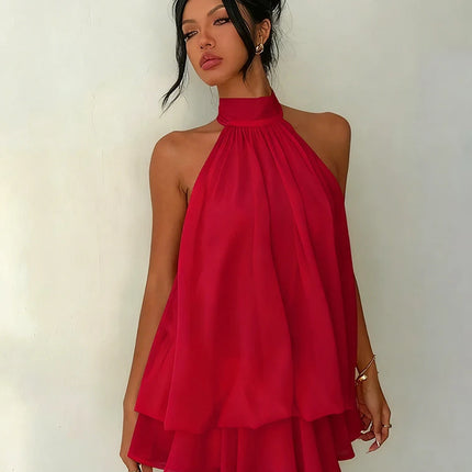Women Halter Neck Backless Tie Mini Dress Summer Sleeveless Chiffon Ruffle Short Dresses Sexy Club Party Beach Vacation Outfit