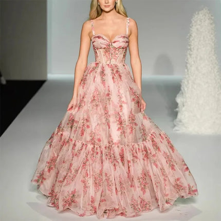 New Glamorous Pink Corset Prom Dresses Floral Printed Sleeveless Evening Gowns Floor Length Customized Formal Party Dresses