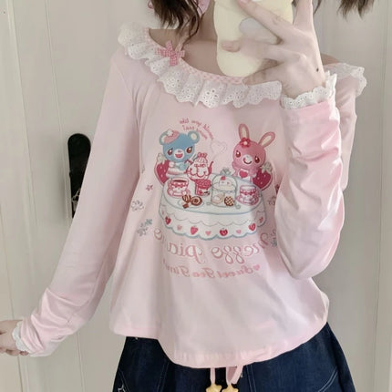 Japanese Girls Cartoon Printing Halter T-shirt Harajuku Grunge Kawaii Cute Loose Tees Women Y2k Aesthetic Lace Patchwork Tops