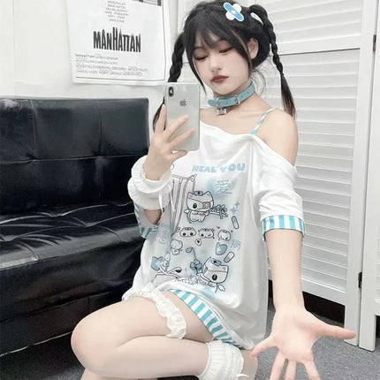 Japanese Harajuku Sweet Graphic T Shirts Women Cat Print Summer Off shoulder Top Short-sleeve Oversize Tees Loose Casual T shirt