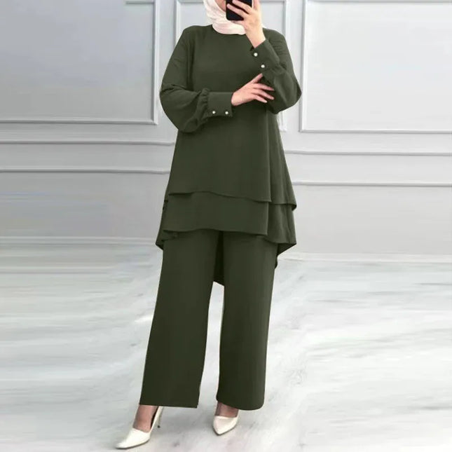 Damen Muslimische 2-Teiler Set Bluse Double Top Weite Hose Anzug Marokko Ramadan Freizeit Ensemble Dubai Arabische Hosen Outfits