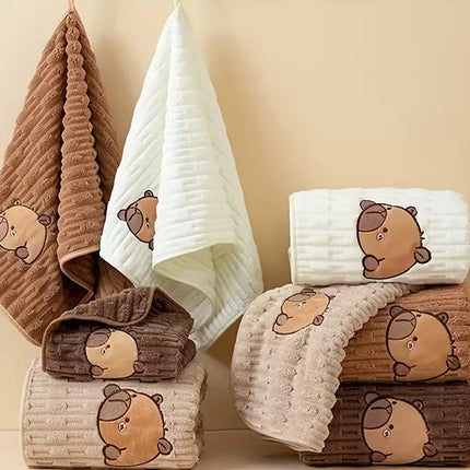 ✰✪Cute 2pc Capybara Face Towel Set, Extra Soft Coral Fleece, 34x74 Inch Towel And 70x140 Inch Bath Towel