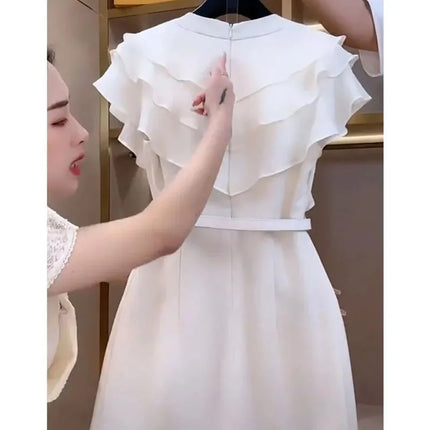 Beautiful Temperament White Ruffled Vinegar Dress Women's Summer Dress Korean Women Receive High Praise Match Belt 2026 New