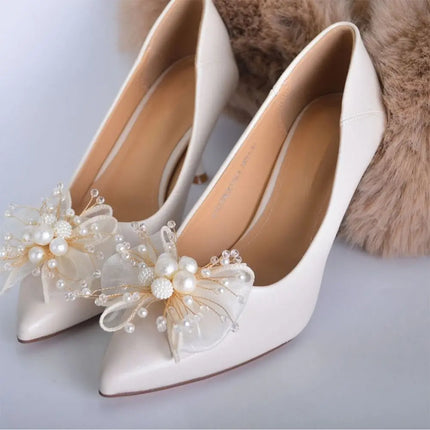 2PC Double Layered Bow Pearl Shoe Clip French style Removable Shoe Charms Buckle Elegant Bride Shoes Decoration High Heel