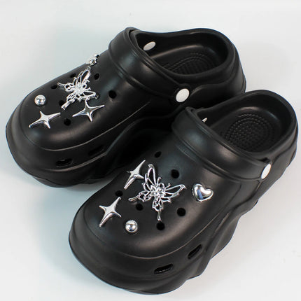 Women DIY Silver Butterfly-Knot Fashion Bow Decor Clogs Summer Sping Autumn Beach Sandals Cave Hole Garden Shoes Students Girls