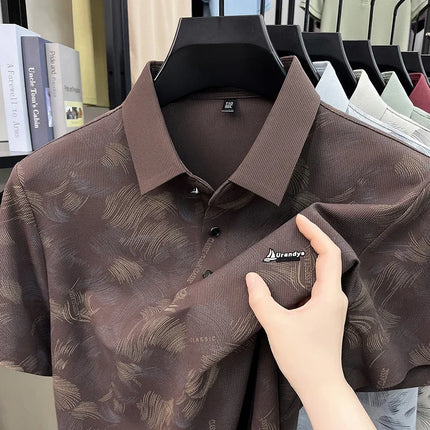 Slim Fit Feather Pattern Polo For Men Embroidered Logo Short Travel Family Gathering And Casual Dating Garment