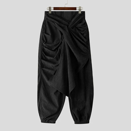 INCERUN Men Irregular Pants Solid Color Joggers Lace Up Casual Trousers Men Streetwear Loose Pleated Fashion Long Pants S-5XL