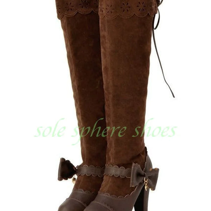 Lady Suede Cut-Out Bowtie Knee Boots Chunky Heel Elegant Dark Brown Suede Lace Design Lolita Dress Elegant Boots Pu Bowtie Size