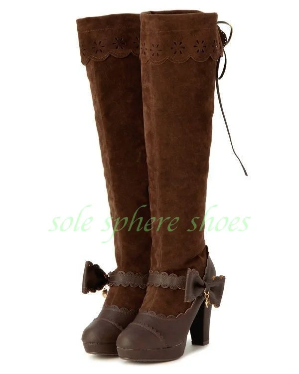 Lady Suede Cut-Out Bowtie Knee Boots Chunky Heel Elegant Dark Brown Suede Lace Design Lolita Dress Elegant Boots Pu Bowtie Size