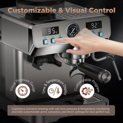 20 Bar Espresso Machine with Grinder, PID Temp Control 194-203°F, 68oz Tank, Cold Brew, All-in-One for Home