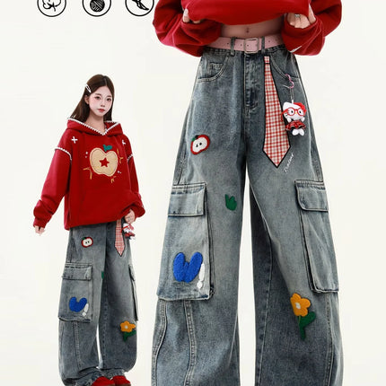 Embroidered Harajuku women's jeans American casual style retro straight leg high street wide leg pants Y2k loose jeans for womem