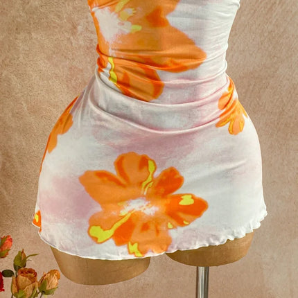 Women Halter Cowl Neck Floral Print Side Ruched Ruffle Hem Mini Dress 2026 Summer Tropical Beach Y2K Going Out Party Bodycon Dre