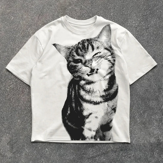 Sommer Harajuku Buchstaben Grafik T-Shirts Y2k Tops Katzen-Print Damen High Street Oversized T-Shirt Streetwear Vintage Tee Kleidung