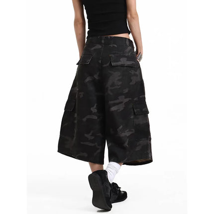 YIBASHU Women Cargo Short Jeans American Vintage Y2K 2000s Streetwear Camouflage Wide Leg Pants Summer Knee Length Denim Shorts