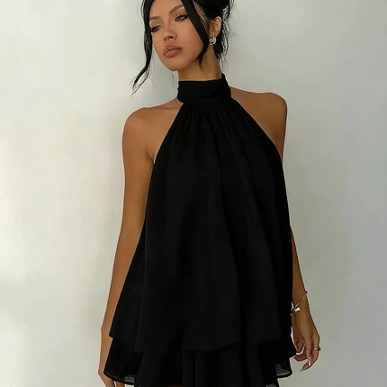 Women Halter Neck Backless Tie Mini Dress Summer Sleeveless Chiffon Ruffle Short Dresses Sexy Club Party Beach Vacation Outfit