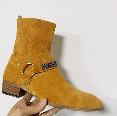 Black Buckle Genuine Leather Ankle Boots for Men Low-heeled Western Boots Safety Shoes Man for Work Handmade Winter Desert Boots