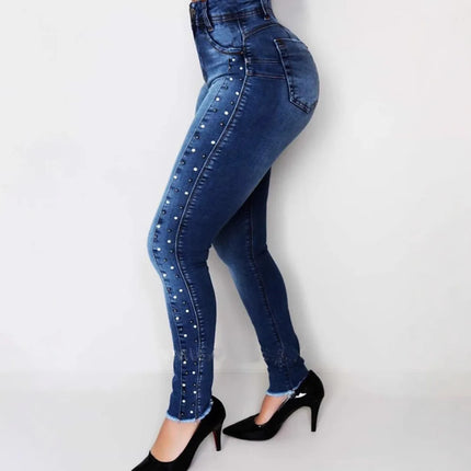 Slimming, Hip-lifting, High-waisted, Small-leg Jeans, Four Seasons New Fashionable Diamond-beaded Casual Pencil Jeans for Women