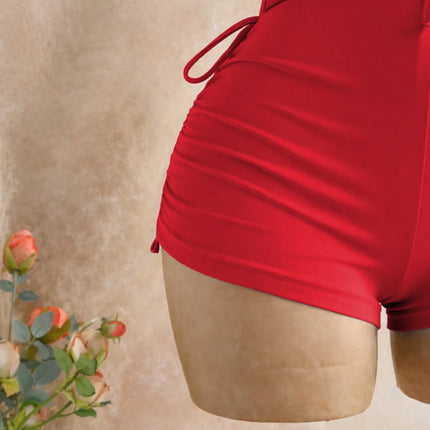 American-Style Spicy Girl Red One-Piece Jumpsuit, Halter Neck, Deep V, Backless, Tie-Waist, Slimming, Short Beach Vacation Jumpsuit