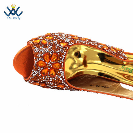 2025 Italian Design Classics Style Shoes and Bag Set in Orange Color INS New Arrivals High Quality Full Crystal with Platform