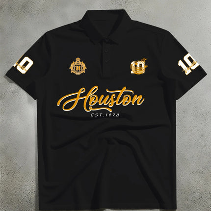 Men's Sports Style Short Sleeved Polo Shirt, Houston Badge Print Retro Outfit for Men's and Women's Daily Wear