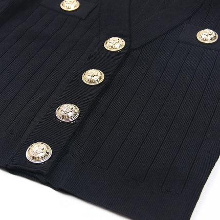 SML Black And White High-quality Fashionable Elastic Knitted Fabric Button Decoration Short Sleeved Slim Fitting Women's T-shirt