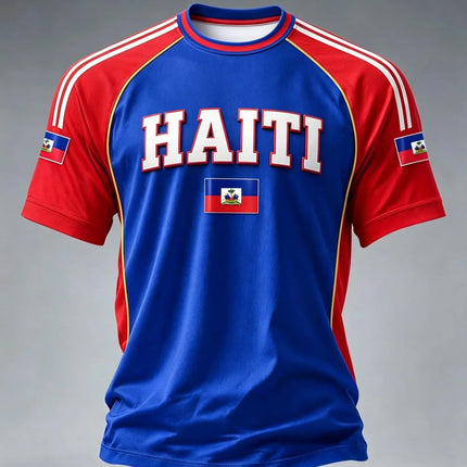 2026 New Haiti Blue Football Jersey Men's Crew Neck Sportswear with "HAITI" Text & Flag Print Casual & Training Tops Tees