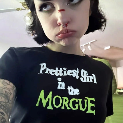 Prettiest Girl in The Morgue Black Baby Tees Summer Slim Cotton Sexy Crop Tops for Women Street Fashion Grunge Y2K T Shirts