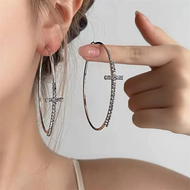 Shiny Big Circel Cross Hoop Earrings for Women Exquisite Rhinestones Ear Buckles Earrings High-end - product image 2