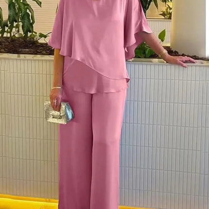 Summer New Solid Color Round Neck Short Sleeve Women Suit Casual Loose Irregular  Top Elegant Female Jumpsuits Office 2piece Set
